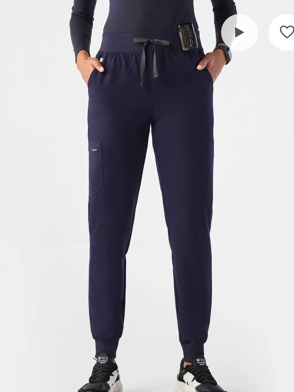 Figs Women's High Waisted Zamora Navy Jogger Scrub Pants with Gray Drawstring - Picture 2 of 4